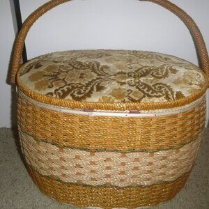 Vintage Singers Wicker and Floral Tapestry Sewing Basket